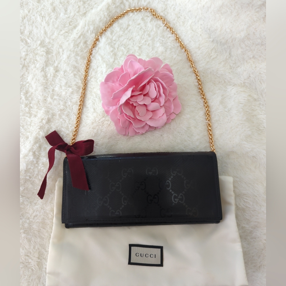 Gucci  Authentic Impreme Black Monogram Wallet With Gold Chain And Dust Bag - Picture 12 of 12